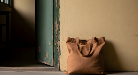A plain brown canvas tote bag leans against a textured, peeling yellow wall next to a green door frame. The rustic and weathered background contrasts with the simple, eco-friendly design of the reusable bag, creating a vintage urban aesthetic.の素材