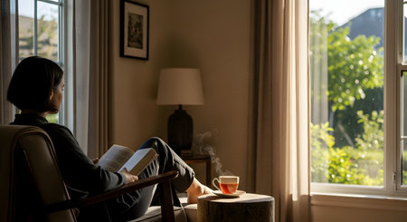 A relaxed woman sits in a comfortable armchair by a large window, engrossed in a book while holding a warm mood. Steam rises from a cup of tea on the side table, illuminated by soft morning sunlight that fills the room. The scene embodies a peaceful, slow-living lifestyle perfect for a quiet weekend.の素材