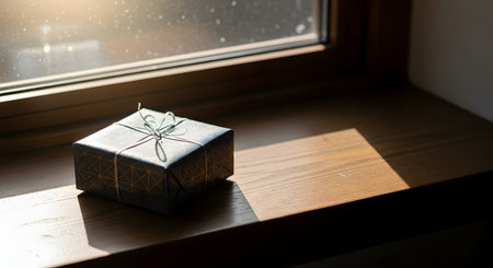 A small, elegantly wrapped gift box with blue paper and geometric gold patterns sits on a wooden windowsill bathed in warm sunlight. The natural light casts a soft shadow and highlights dust motes dancing in the air, creating a nostalgic and peaceful atmosphere. This close-up shot captures the anticipation of giving or receiving a present.の素材
