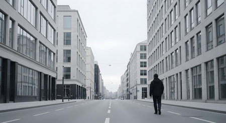 A rear view of a man dressed in black walking down the center of a wide, empty city street flanked by modern white buildings. The overcast sky and lack of traffic create a mood of solitude, silence, and urban isolation.の素材