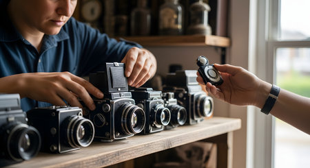 A photographer or collector inspects a vintage medium format camera while holding a light meter. The scene takes place in a shop or studio filled with classic photographic equipment, highlighting a passion for analog photography.の素材