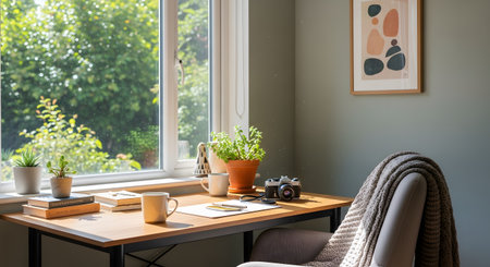A bright and inviting home office desk bathed in natural sunlight from a large window overlooking a garden. The wooden desk features a vintage camera, books, coffee mug, and potted plants.の素材