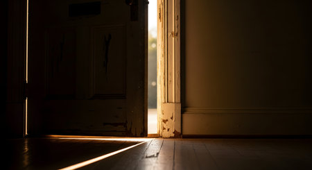 A slightly open wooden door allows a beam of bright sunlight to spill onto the floor of a dark room. The contrast between the light and shadow creates a mood of mystery, hope, or discovery.の素材