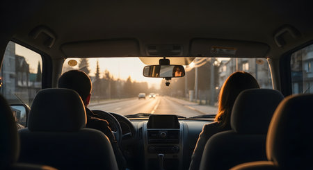 A view from the back seat of a car looking forward through the windshield as it drives down a road at sunset. The silhouettes of the driver and passenger are visible against the warm, golden light of the sun, evoking a sense of travel and road trip adventure.の素材
