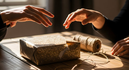 Hands reaching towards a wrapped gift box patterned with leaves, sitting on a wooden table next to a roll of twine. The scene is illuminated by warm, dramatic sunlight, creating a mood of anticipation and preparation for a celebration.の素材