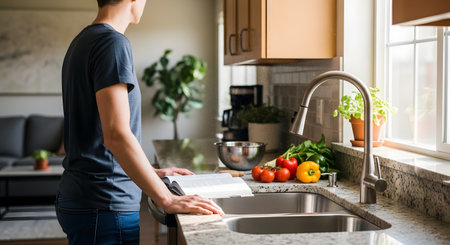 A person stands at a kitchen counter next to a sink, reading an open cookbook while preparing a meal with fresh vegetables. Sunlight streams through the window, illuminating the red peppers, tomatoes, and leafy greens in a peaceful domestic setting.の素材