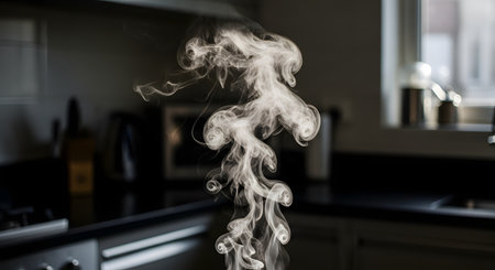 Abstract swirls of white steam or smoke rise gracefully against a dark, blurred kitchen background. The backlit vapor creates intricate patterns, suggesting hot cooking, boiling water, or a fresh hot beverage.の素材