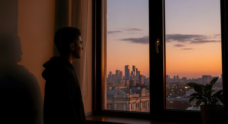 The silhouette of a young man looks out a window at a city skyline during a vibrant sunset. The warm orange light contrasts with the dark interior, suggesting deep thought or admiration of the urban view.の素材