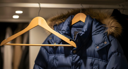 A blue winter puffer jacket with a faux fur hood hangs neatly on a wooden hanger inside a dimly lit closet. The focus is on the texture and warmth of the outerwear, symbolizing readiness for cold weather or seasonal wardrobe organization.の素材