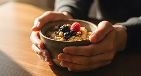 Hands holding a ceramic bowl of oatmeal topped with fresh blackberries, raspberries, and nuts in warm morning light. The image highlights a healthy, nutritious breakfast and a slow-living lifestyle.の素材