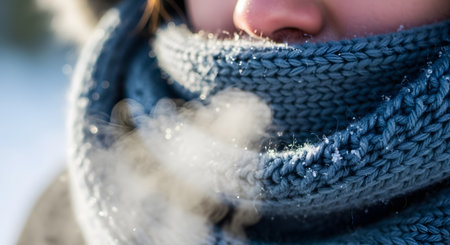 Extreme close-up of a person's face wrapped in a blue knitted scarf, breathing out visible white steam in the freezing winter air. The image captures the sensation of extreme cold and the warmth of winter clothing.の素材