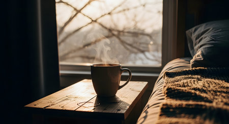 A steaming mug of hot coffee or tea sits on a rough wooden surface near a window overlooking a winter landscape. The rising steam and warm sunlight contrast with the cold outdoor scene, evoking a cozy morning feeling.の素材