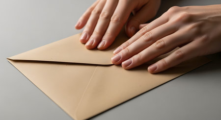 Close-up of hands pressing down on a brown kraft paper envelope on a grey surface, effectively sealing it. The image represents communication, correspondence, sending mail, or preparing invitations.の素材