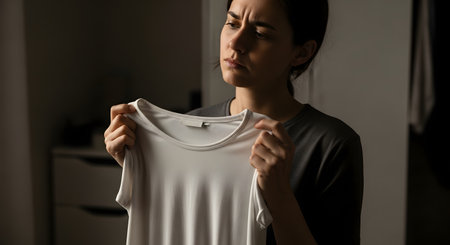 A young woman holds up a white t-shirt, inspecting it with a frown and a look of disappointment, likely discovering a stain or damage. She stands in a dimly lit room, focusing intently on the quality of the garment before washing or wearing it.の素材
