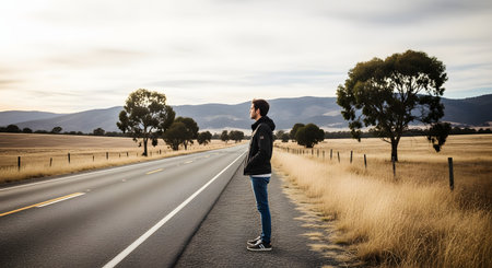 A young man stands on the side of a long, paved country road, looking out towards the distant mountains and horizon. The dry, grassy landscape and open road suggest a road trip, adventure, or contemplation of the journey ahead.の素材