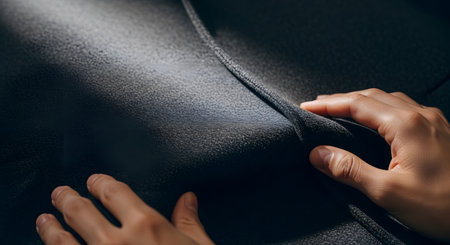A high-contrast close-up of a person's hands feeling a dark, textured grey fabric. The lighting accentuates the detailed weave of the material and the gentle pose of the fingers, suggesting quality inspection or tactile appreciation.の素材