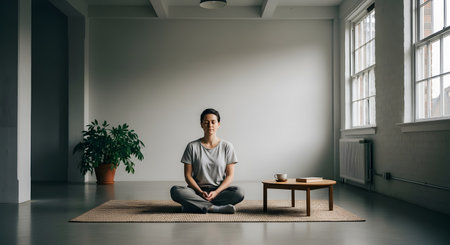 A woman sits in a lotus position with eyes closed, meditating on a rug in a spacious, minimalist white room. A plant and a small table with a book and cup accompany her, creating a serene environment for mindfulness and yoga.の素材