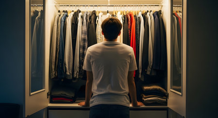 Rear view of a man standing in front of an open, organized wardrobe filled with hanging shirts. He appears to be selecting an outfit or organizing his clothes in a well-lit closet.の素材