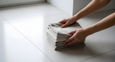 Hands gently hold a neat stack of folded grey and beige linens or clothes on a clean white tiled floor. The minimalist image represents housekeeping, laundry organization, and cleanliness.の素材