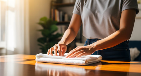 A close-up view of a person's hands neatly folding a clean white towel on a polished wooden table. The sunlit domestic setting highlights themes of housekeeping, laundry organization, and cleanliness.の素材