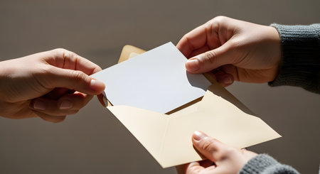 Two pairs of hands are captured in the act of exchanging a beige envelope containing a blank white card. The scene is illuminated by natural light, creating soft shadows, making it perfect for concepts related to invitations, gift cards, letters, or communication.の素材