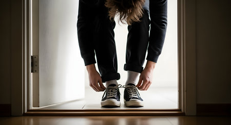 A low-angle close-up shot of a person bending down to tie the laces of their black canvas sneakers in a bright doorway. The person is wearing dark trousers and white socks, getting ready to leave the house or go for a walk.の素材