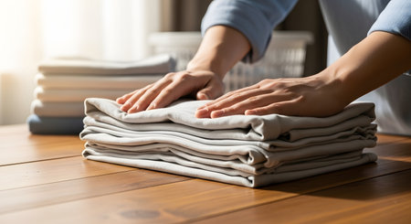 A close-up view of a person's hands smoothing down a neat stack of folded grey laundry on a wooden table. The scene is lit by warm natural light with a laundry basket in the background, suggesting a calm moment of domestic organization and housekeeping.の素材