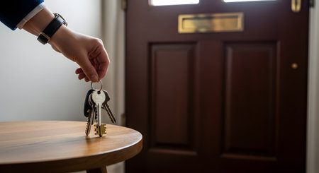 A hand holds a bunch of keys on a ring, hovering over a small wooden table in an entryway near a dark door. The scene symbolizes coming home, leaving, real estate ownership, or security.の素材