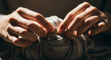 Close-up of hands manipulating a soft grey fabric, tying it into a knot or ball. The image highlights the texture of the textile and the dexterity of the hands, illuminated by contrasting sunlight and shadow. Themes include craftsmanship, anxiety relief, or textile handling.の素材