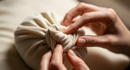 Detailed shot of hands tying a knot in the fabric of a beige pouch or bag. The image highlights the texture of the cloth and the manual dexterity involved in packaging or crafting.の素材