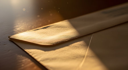 A close-up shot captures a golden-yellow envelope resting on a table, bathed in warm, angled sunlight. The lighting highlights the texture of the paper and creates a mood of anticipation or nostalgia regarding traditional mail. Themes include communication, invitations, and correspondence.の素材