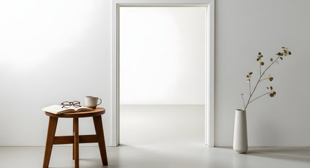 A serene view through a white doorway into a minimalist room. A small wooden stool holds an open book, reading glasses, and a mug, sitting next to a tall vase with a delicate branch, creating a peaceful reading nook.の素材