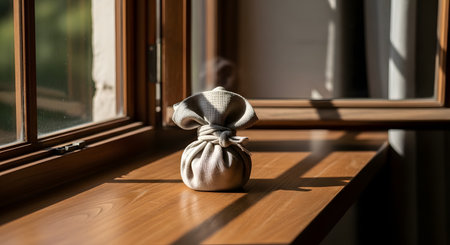A small, beige linen pouch tied with a simple knot sits on a warm wooden windowsill bathed in natural sunlight. Faint steam or dust particles are visible in the light, suggesting a cozy, organic, or aromatic content like herbs. The minimalist composition focuses on natural materials, textures, and simple living.の素材