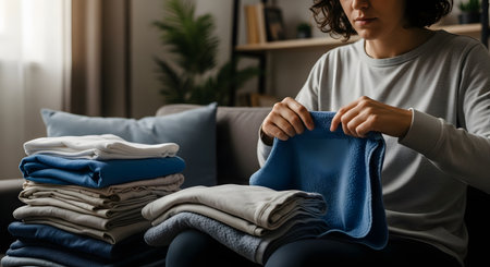 A woman folds a blue towel on her lap while sitting on a sofa in a living room. The image depicts domestic chores, housekeeping routines, and maintaining a tidy home environment.の素材