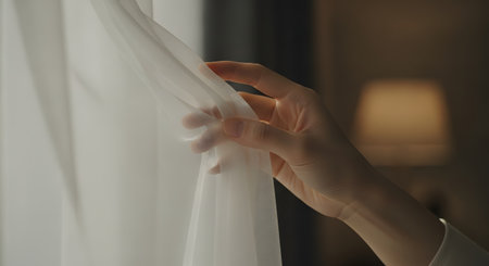 A close-up of a hand gently touching a white sheer curtain near a window. The soft lighting and delicate fabric texture evoke a sense of calm, elegance, morning peace, and tactile sensory experience.の素材