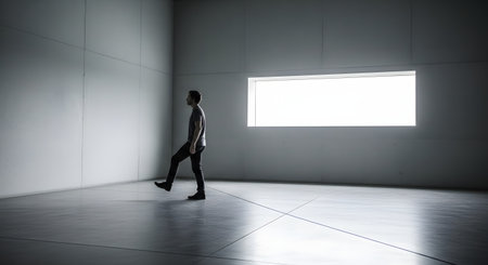 A side view of a man walking across a spacious, empty room with grey concrete walls and floor. A bright rectangular window creates a stark contrast and a minimalist aesthetic. The image conveys themes of journey, solitude, and modern architecture.の素材