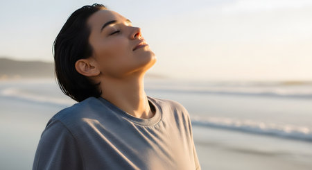 A close-up profile captures a young woman with wet hair tilting her head back and closing her eyes to enjoy the warm sunset light on a beach. The blurred ocean background highlights serenity, mindfulness, and connection with nature.の素材
