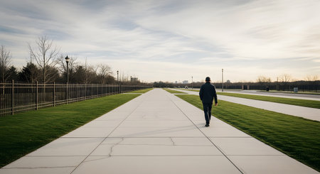 A man walks away from the camera along a wide paved path in a park-like setting with green lawns and a metal fence. A city skyline is visible in the distance under a bright, cloudy sky, suggesting an urban park or campus.の素材