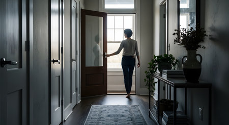 A woman stands in a dark hallway silhouette, opening a front door to reveal bright outdoor sunlight. The image symbolizes new opportunities, leaving home, welcoming guests, or the transition between indoor and outdoor spaces.の素材