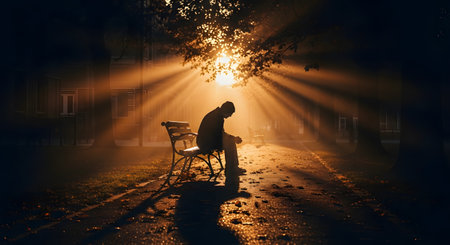The silhouette of a lonely man sits hunched over on a park bench, illuminated by dramatic sun rays streaming through the trees. The atmospheric lighting creates a mood of solitude, contemplation, or sadness.の素材