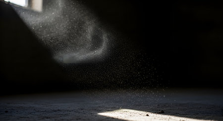A dramatic shot of dust particles floating chaotically in a focused beam of sunlight cutting through a dark room. The high contrast and texture create a moody, atmospheric, and abstract visual, symbolizing age, neglect, or the passage of time.の素材