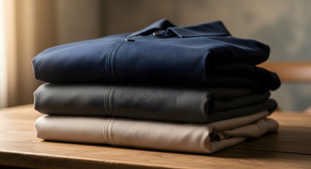 A neat stack of three folded long-sleeved polo shirts in blue, grey, and beige sits on a wooden table. The image showcases clothing organization, retail display, or laundry care with soft lighting on the fabric textures.の素材