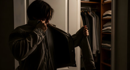 A young man stands near an open closet, putting on a light-colored jacket in dim, dramatic lighting. The scene captures a quiet, private moment of getting dressed or preparing to leave for the day.の素材