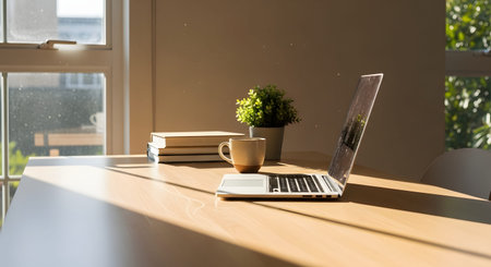 A laptop computer sits open on a wooden desk bathed in warm morning sunlight, accompanied by a coffee cup and books. Dust motes dance in the light, creating a peaceful and productive workspace environment.の素材