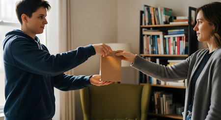 A side view of a person handing a brown paper delivery bag to another person inside a home. The interaction suggests a food delivery, courier service, or a neighborly exchange. Bookshelves are visible in the blurred background, placing the scene in a domestic setting.の素材