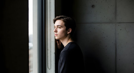 A profile portrait of a young man leaning against a concrete wall and looking out a window. The natural light highlights his contemplative expression, evoking themes of deep thought, solitude, or waiting.の素材
