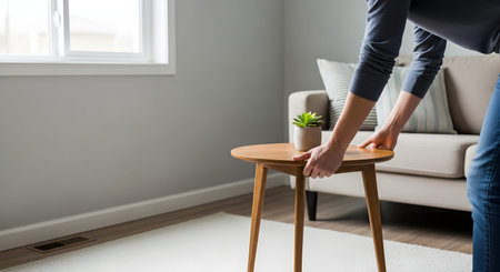 A person positions a small, round wooden side table on a white rug in a living room. The scene depicts home decoration, furniture arrangement, and interior styling with a focus on modern wooden aesthetics.の素材