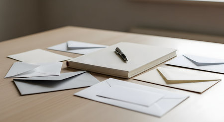A closed beige notebook with a pen rests on a wooden desk, surrounded by a scattered assortment of white and grey envelopes. The scene represents office organization, mail sorting, or the start of a writing project.の素材