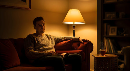 A man sits comfortably on a red sofa reading a book under the warm glow of a table lamp at night. A steaming cup of tea rests nearby, creating a peaceful and intellectual atmosphere for evening relaxation.の素材