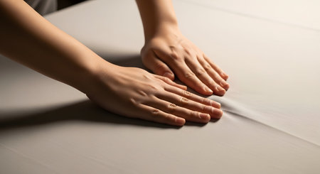 A close-up view of hands gently smoothing the surface of a beige fabric sheet, possibly on a bed or table. The soft lighting highlights the texture of the material and the care in the action, suggesting domestic chores or quality checking.の素材